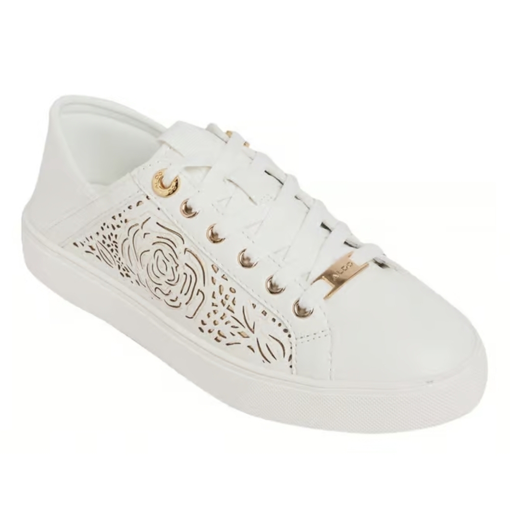 Aldo Stepaniee 8.5 White Gold Floral Cutout Low Top Sneakers NWT